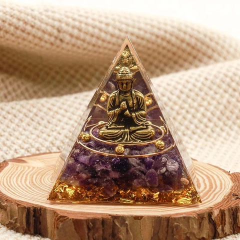 Orgone Pyramid Buddha Statue Resin Healing Energy Tower Handmade Desktop Decor Crystal Stone Gold Foil Meditation