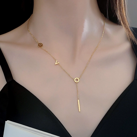 Minimalist Titanium Steel Y Necklace For Women With LOVE Letter And Vertical Bar Pendant Clavicle Chain Jewelry