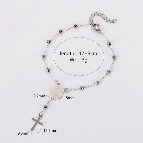 Stainless Steel Beaded Rosary Bracelet With Crucifix Cross And Virgin Mary Medal Religious Spiritual Jewelry For Unisex