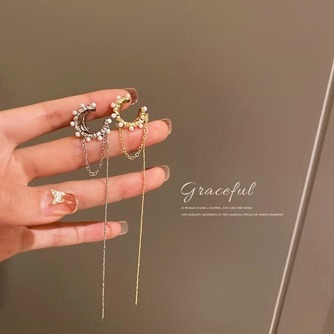 Clip Per Osso Dell'orecchio Con Nappa A Catena Lunga Orecchini Non Perforati Lega Con Perla Artificial E Strass Gioielli Eleganti