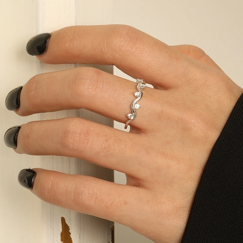 925 Sterling Silver Wave Ring Cubic Zirconia Minimalist S Curve Band Fashion Jewelry For Women Daily Elegant