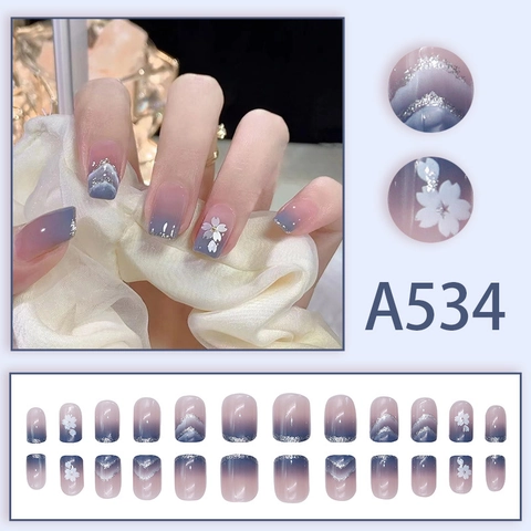 Blue Purple Gradient Press On Nails With White Flower Pattern And Silver Glitter Short Square Round False Nails