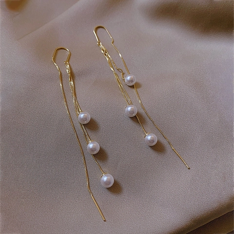 Elegant Long Tassel Artificial Pearl Threader Earrings With Silver Earring Post Vintage Minimalist Gold Color Jewelry For Women