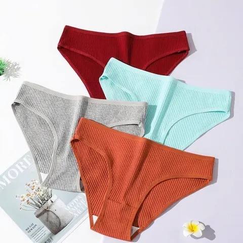 Culotte Femme Taille Basse Pur Coton Côtelé Respirant Couleur Unie Slip Confortable Pour Dame Lingerie Douce