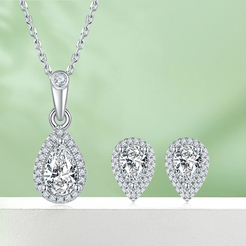 Pear Cut Moissanite Necklace And Earrings Jewelry 925 Sterling Silver Teardrop Halo Elegant D Color For Women