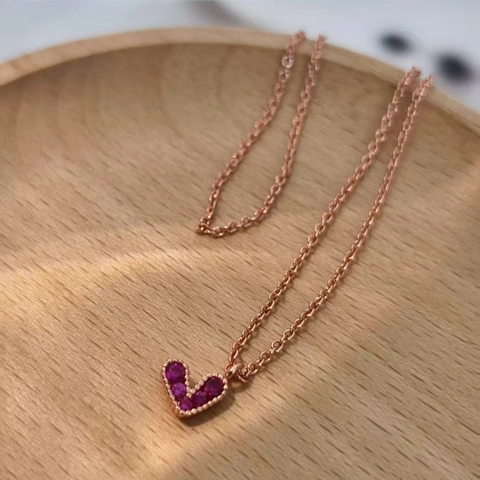 Heart Pendant Necklace S925 Sterling Silver Rose Gold Plated Red Rhinestone Sweet Romantic Gift For Women Girls