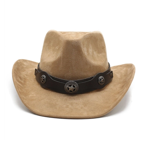 Western Cowboy Hat Vintage Suede Wide Brim Fedora With Faux Leather Star Rivet Belt For Outdoor Sun Protection Women Men