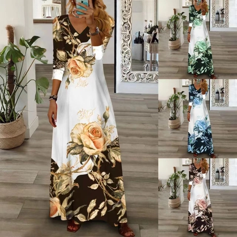 Women's V-Neck Floral Print Maxi Dress Three Quarter Sleeve Button Detail A-Line Long Dress For Casual Daily Vacation Wear