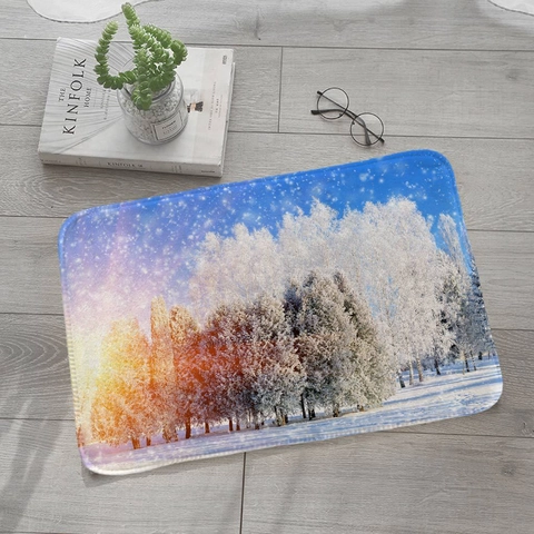 Tappetino Da Terra Stampato Paesaggio Foresta Di Neve Invernale Tappeto In Flanella Assorbente Antiscivolo Per Bagno