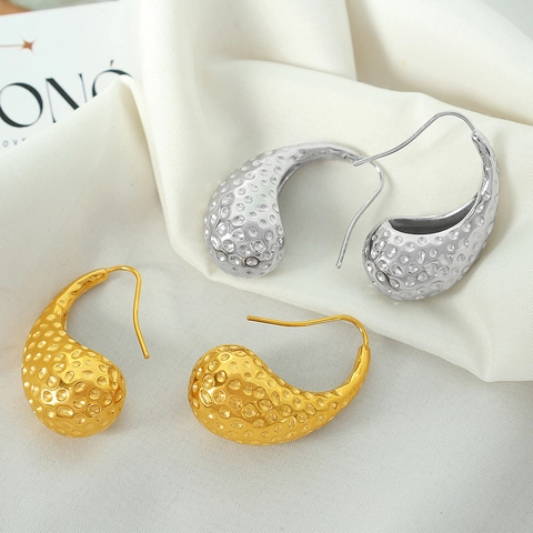 Stainless Steel Hammered Teardrop Earrings Retro Light Luxury Water Drop Hook Earrings For Women Fashion Jewelry Accessories