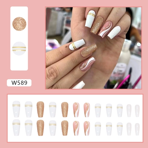 Coffin Ballet Press On Nails Glitter Gold Line Marble Design Pink White Glossy Plastic Artificial Fake Nails