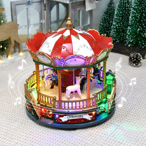 Weihnachten Spieluhr LED Ornament Rotierendes Karussell Vintage Grammophon Harz Tischdeko Europäisch Retro Festlich