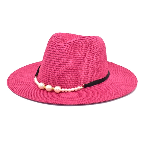Women Vintage Pearl Decorated Straw Fedora Hat Sun Protection Wide Brim Jazz Hat For Summer Beach Vacation Travel Accessory