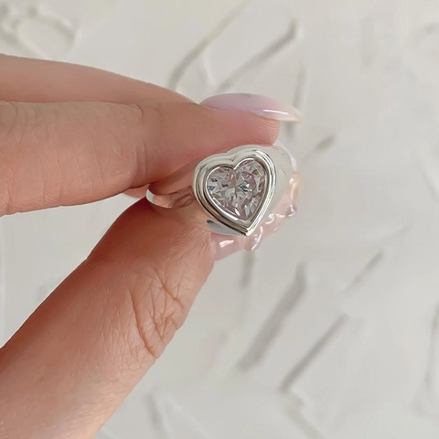 Herz Zirkon Ring 925 Sterling Silber Breites Band Minimalistischer INS Stil Verstellbarer Schmuck Damen