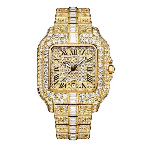 Orologio Al Quarzo Da Uomo Lusso Hip Hop Iced Out Con Strass Quadrante Quadrato Data Luminoso Lega Impermeabile