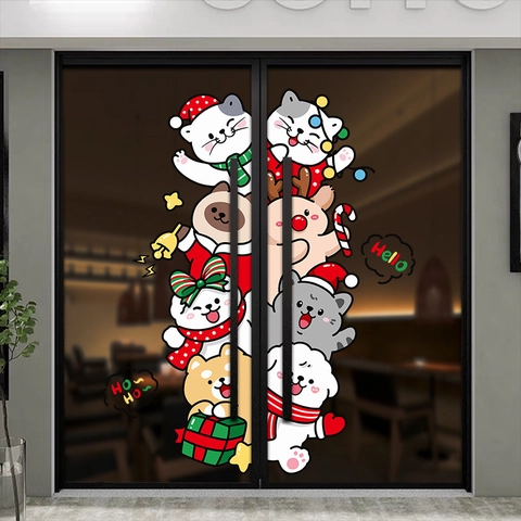 Christmas Window Static Stickers PVC Cartoon Cat Dog Reindeer Double Sided Colored Glass Door Decals Winter Holiday Decor