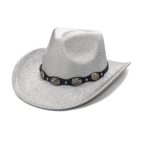 Westerse Cowboyhoed Glitter Katoen Polyester Reflecterend Met Metalen Concho Riem Voor Feest Heren Dames