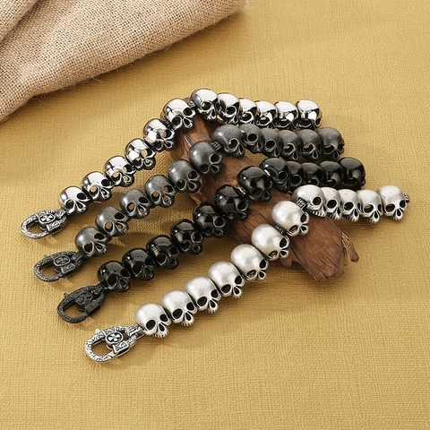 Pulsera De Calavera De Acero Inoxidable Para Hombre Cadena De Esqueleto Punk Gótico Retro Con Cierre De Cruz Halloween