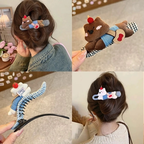 Graziose Mollette Per Capelli Orso Cane Peluche Tessuto Velluto A Coste Gingham Scacchi Accessori Per Donne Ragazze