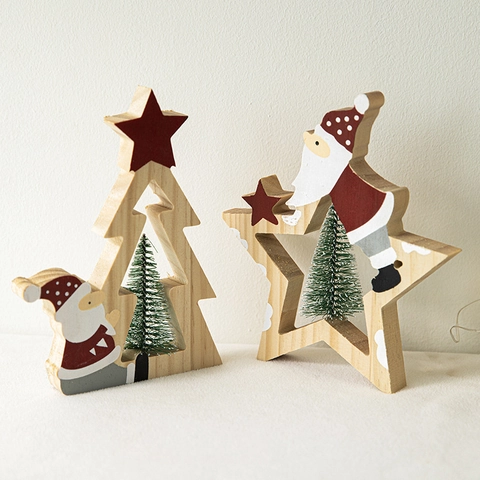 Christmas Wooden Desktop Ornaments Santa Claus Reindeer Star Tree Sleigh Painted Wood Table Decorations Xmas Gift
