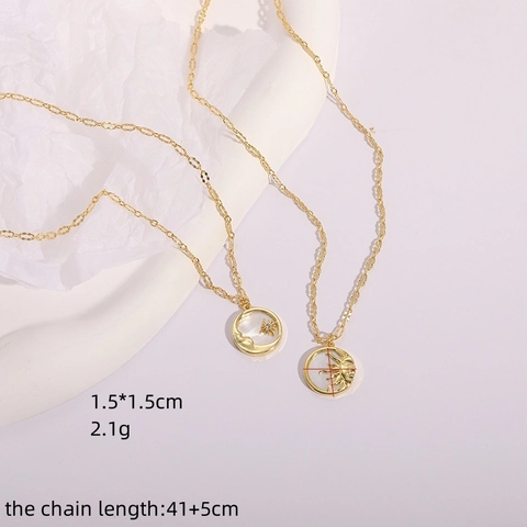 Sun Moon Pendant Necklace Brass 14K Gold Plated Mother Of Artificial Pearl Shell Zircon Celestial Clavicle Chain Jewelry For Women