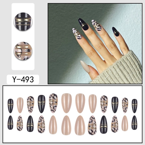 Leopard Print Press On Nails Cat Eye Almond Shape Gold Lines Glossy Black Nude False Nails For Women Manicure