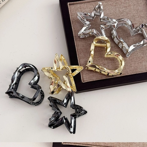 Pinza Per Capelli In Metallo Cava Cuore Pentagramma Stella Forma Elegante Onda Geometrica Porta Coda Di Cavallo Per Donne