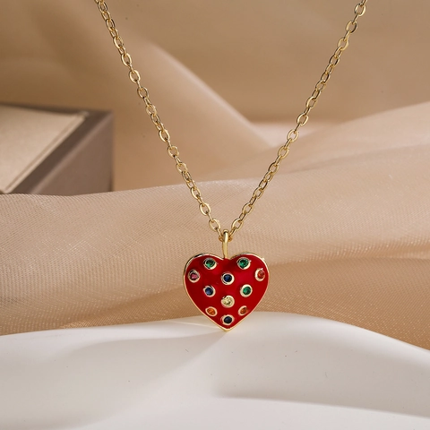 Collar Con Colgante De Corazón Bohemio Cobre Chapado En Oro Circón Colorido Esmalte Gota Joyería Elegante Para Mujer