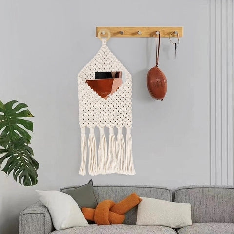Bohemian Macrame Wall Hanging Storage Pocket Cotton Rope Hand Woven Tapestry With Tassels For Home Decor