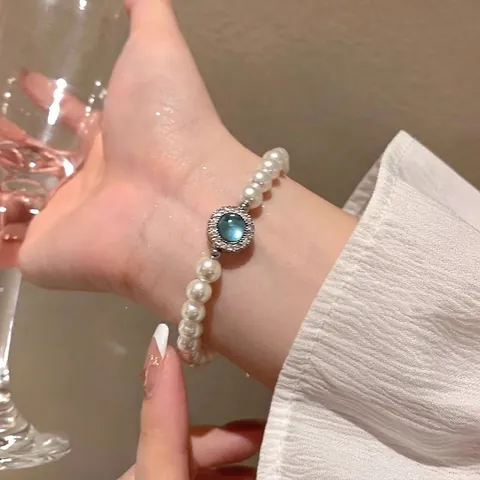Beaded Bracelet Faux Artificial Pearl Glass Crystal Floral Charm Elegant Hand Jewelry Traditional Style For Women