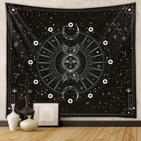 Tapiz De Pared Celestial Sol Luna Estrellas Astrología Misteriosa Blanco Y Negro Poliéster Decoración Estética Para Habitación