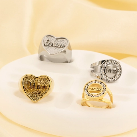 Bague Coeur Acier Inoxydable Lettre Mom Plaqué Or 18K Strass Cadeau Fête Des Mères Femme