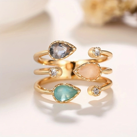 Unregelmäßiger Mehrlagiger Offener Kupferring Für Damen Tropfen Zirkonia Eingelegt Verstellbarer Geometrischer Modeschmuck
