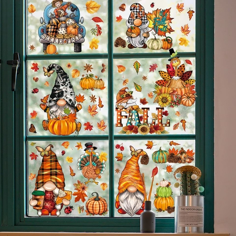 Thanksgiving Window Clings PVC Static Cling Stickers Double Sided Autumn Fall Maple Leaf Pumpkin Turkey Gnome Decals Glass