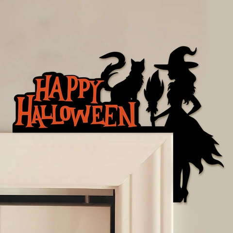 Decorazione Angolo Porta Halloween In Legno Strega Gatto Nero Silhouette Targa Happy Halloween Ornamento