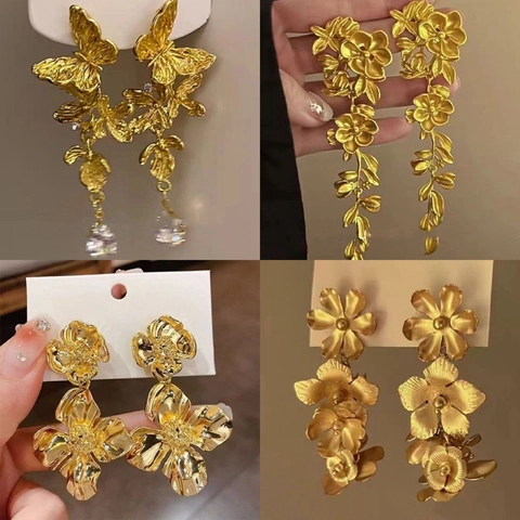 Floral Tassel Dangle Ohrringe Gold Metall Übertrieben Luxus Für Damen Mit 925 Sterling Silber Ohrring Stecker