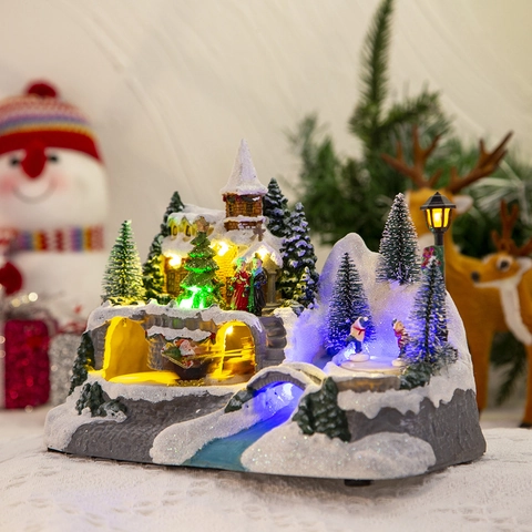 Carillon Natalizio Casa sulla Neve Luce LED Rotante Scena del Villaggio Resina Decorazione da Scrivania Ornamenti