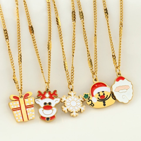 Collier Pendentif Noël en Acier Inoxydable Émail Père Noël Renne Bonhomme de Neige Arbre pour Femmes Bijoux de Mode de Vacances