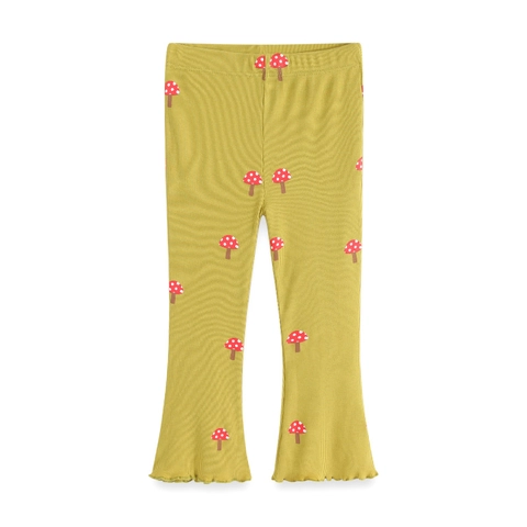 Girls Flared Leggings Mushroom Print Ribbed Knit Toddler Kids Mustard Yellow Cotton Blend Flared Pants With Wood Ear Hem