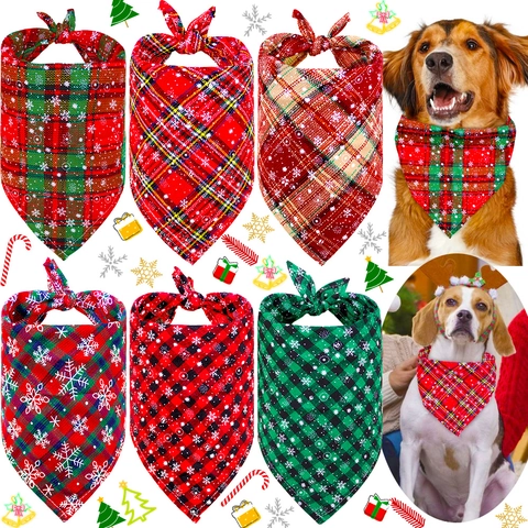Christmas Pet Bandana Triangular Scarf Poly Cotton Plaid Snowflake Print Festive Dog Cat Bib Accessories Holiday