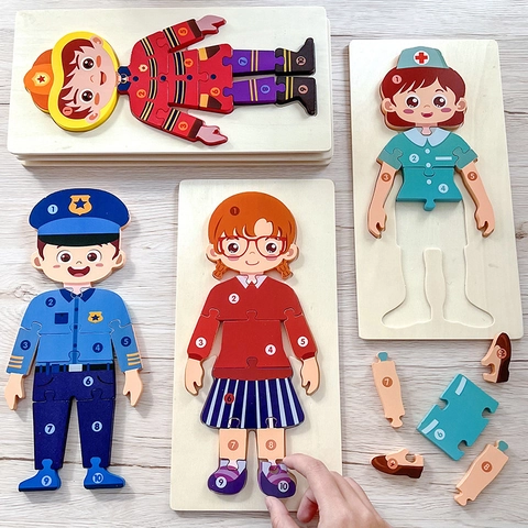 3D Wooden Jigsaw Puzzle Toys Number Cognition Animal Vehicle Character Learning Early Education For Toddlers