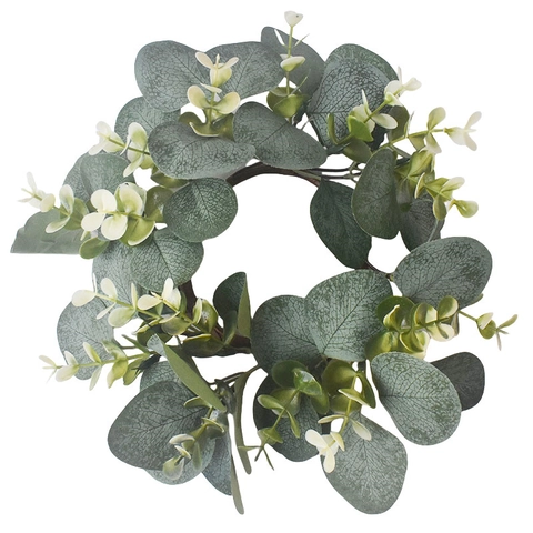 Artificial Eucalyptus Wreath Candle Ring Realistic Plastic Greenery Garland White Flowers For Wedding Table Home Decor