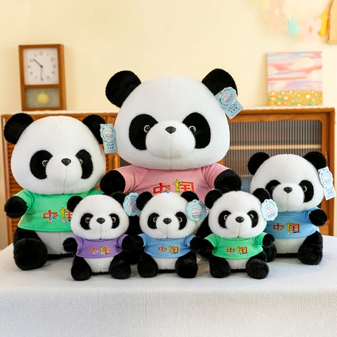 Cute Panda Plush Toy Wearing China Printed T-Shirt Soft Short Plush Panda Doll Souvenir Gift For Kids Adults Home Decor