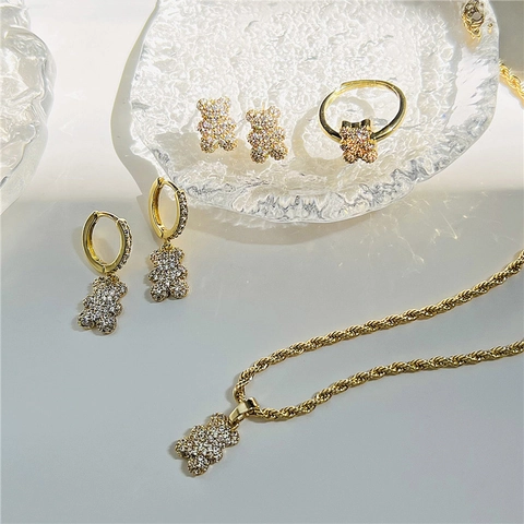 Süßer Teddybär Zirkon Eingelegter Kupfer Halskette Ohrringe Verstellbarer Ring Schmuck Für Damen Mädchen