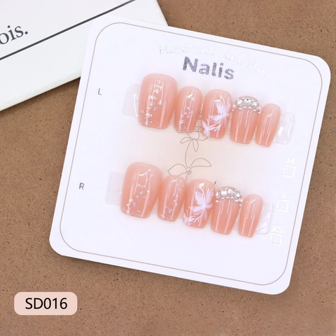 Press On Nails Handmade Pink Gradient White Hand Painted Flowers Rhinestones Artificial Pearls Square Round Shape For Women