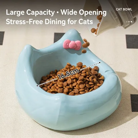 Ceramic Cat Bowl Cute Cat Ear Shaped Pet Food Water Dish Tilted Neck Protection For Cats And Small Dogs With Pink Bow