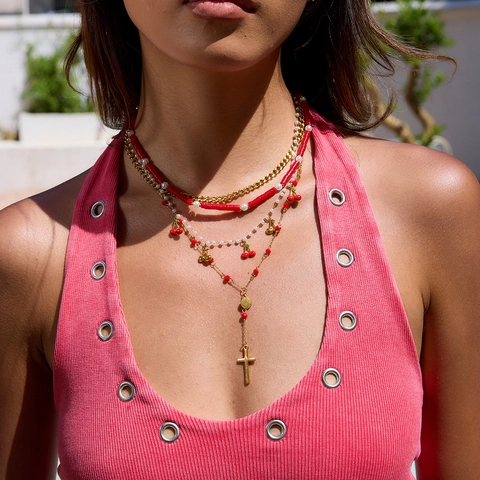 Collar Multicapa En Forma De Y De Acero Inoxidable Chapado En Oro Impermeable Hipoalergénico Corazón Cruz Perla Artificial Joyería Boho Para Mujer
