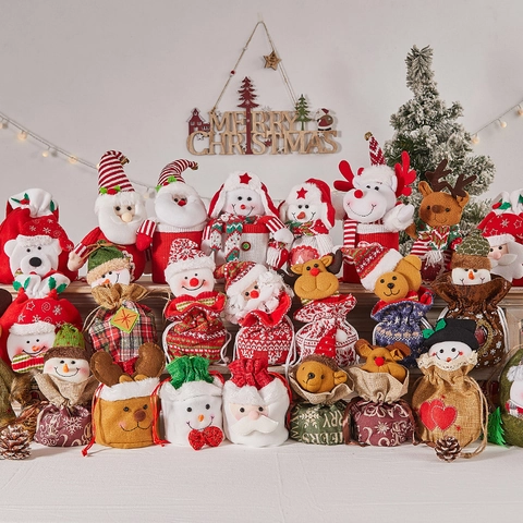 Christmas Gift Bags Knitted Burlap Santa Snowman Reindeer Drawstring Pouch Holiday Party Decor Favors Apple Candy Container