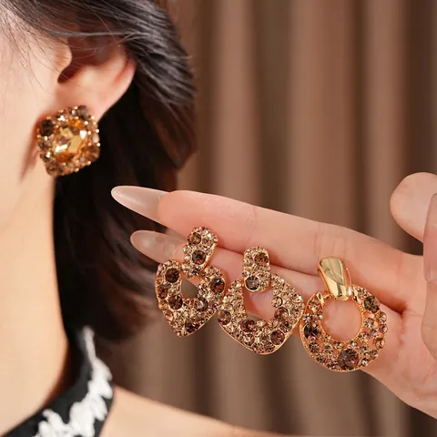 Orecchini Vintage Zircone Champagne Rame Placcato Oro Con Perno Argento Lusso Retrò Geometrico Cuore Donna