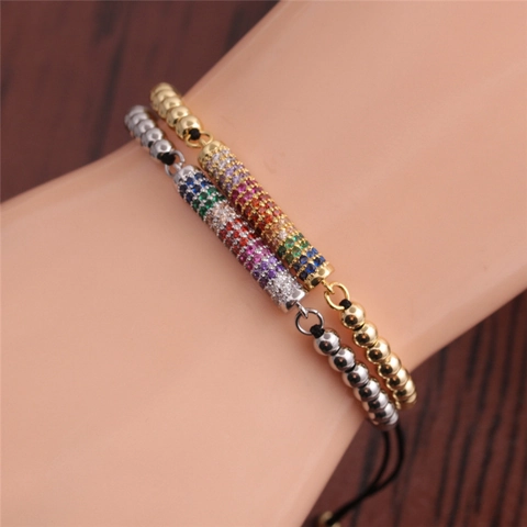 Handgemachtes Kupferperlen Armband Mit Regenbogen Zirkonia Rohr Verstellbarem Schwarzen Seil Für Damen